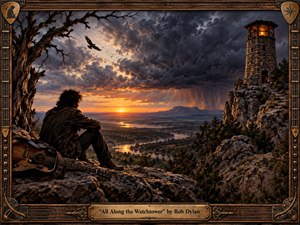 A solitary musician sits on a rugged cliff beside a weathered acoustic guitar, overlooking a winding river valley beneath a dramatic sunset and gathering storm. A glowing stone watchtower dominates the distant ridge, while birds cross turbulent skies. Rich amber, bronze, charcoal, and deep blue tones create a brooding, cinematic atmosphere with painterly texture.