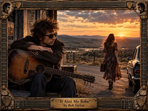 A weathered folk-rock scene shows a solitary guitarist resting beside an old roadside building as a woman walks away toward a distant valley and sunset. Warm amber light contrasts with deep browns and charcoal shadows. The handcrafted frame incorporates guitar strings, picks, rivets, and brass plaques, creating a nostalgic, melancholic 1960s atmosphere.