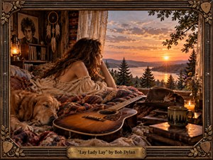 A warm, cinematic cabin interior opens onto a glowing mountain lake at sunset. A woman in a flowing ivory dress rests beside an acoustic guitar and sleeping golden retriever, surrounded by quilts, books, candles, records, and rustic decor. Amber light, copper shadows, and autumnal textures create an intimate, nostalgic, bohemian atmosphere.