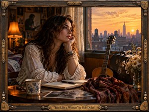 A wistful woman sits beside a window in a warmly lit bohemian room, gazing across a glowing city skyline at sunset. A guitar, worn case, journal, photographs, flowers, and patterned scarf deepen the nostalgic atmosphere. Rich amber, bronze, brown, and cream tones, cinematic realism, and an ornate handcrafted frame create intimate emotional depth.