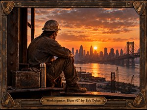 A weathered construction worker sits high above a riverfront, resting after a hard day as he watches a glowing city skyline and bridge beneath a dramatic sunset. Rusted steel, worn tools, and industrial details frame the scene, while warm amber light, deep shadows, smoky clouds, and bronze tones create a rugged, nostalgic Americana mood.