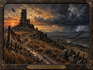 A weathered watchtower rises above a barren hillside at stormy twilight, overlooking a vast, troubled valley. Golden sunset light clashes with charcoal clouds, rain, and distant lightning, creating tense anticipation. Thick, textured oil brushwork, muddy paths, circling birds, ruined fences, and a lone traveler give the scene a rugged, apocalyptic unease.