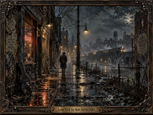 A solitary man walks a rain-slicked city street beneath a brooding moon, framed by decaying brick buildings, bare trees, and an elevated train. Warm amber lamps cut through cold blue-gray darkness, reflecting across wet pavement. Rich painterly textures, a weathered guitar-themed frame, and a brass title plate deepen the melancholy atmosphere.