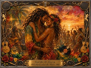 Kung Fu Hand Painting - A loving couple dances closely at a tropical sunset celebration, surrounded by musicians and joyful silhouettes. Warm gold, red, green, and amber tones glow through painterly oil, acrylic, and watercolor textures. Musical notes, guitars, roses, vinyl motifs, and ornate chrome-gold framing create a romantic, rhythmic, richly nostalgic atmosphere.
