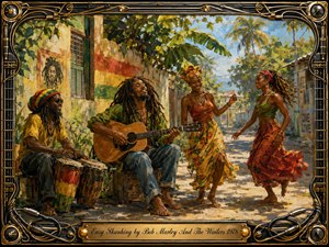 Kung Fu Hand Painting - A joyful Caribbean street scene captures musicians and dancers relaxing beneath tropical palms in warm golden sunlight. Rich reds, greens, yellows, and earthy browns glow through expressive oil-painted textures. An acoustic guitarist and hand drummer anchor the composition, while flowing skirts suggest easy movement. An ornate musical frame completes the relaxed reggae atmosphere.