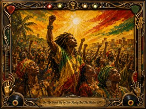 Kung Fu Hand Painting - A powerful crowd raises clenched fists beneath a blazing tropical sunrise, led by a central dreadlocked figure in vivid red, gold, green, and black. Thick impasto oil textures create heat, motion, and defiance, while palm trees and hillside buildings frame the scene. An ornate musical border and engraved title plate complete the triumphant composition.