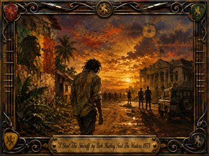 Kung Fu Hand Painting - A solitary figure walks toward a tense gathering beneath a blazing Caribbean sunset, framed by palms, weathered buildings, police silhouettes, and a rugged vehicle. Rich amber, red, green, and shadowy earth tones create a defiant, contemplative mood. Textured oil-paint styling, musical motifs, metallic ornamentation, and an engraved title plate complete the dramatic composition.