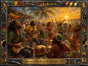Kung Fu Hand Painting - A vibrant tropical reggae jam unfolds beneath palm trees at golden sunset, with guitarists, drummers, dancers, and a joyful crowd moving together. Rich oil-painted textures blend glowing gold, green, red, and blue tones. An ornate chrome-and-gold musical frame, decorated with records, strings, lights, and equalizers, completes the celebratory scene.