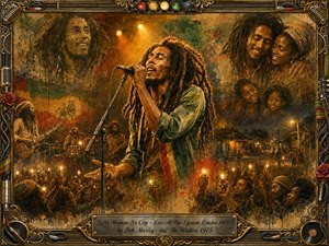 Kung Fu Hand Painting - Bob Marley sings passionately beneath warm golden stage lights, surrounded by layered memories of family, community, musicians, and glowing concert crowds. Rich amber, green, red, and earthy tones create a nostalgic atmosphere in a textured painterly collage style. An ornate music-themed frame and engraved title plate complete the intimate, soulful composition.