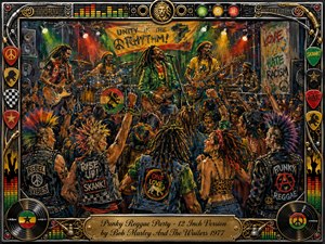 Kung Fu Hand Painting - A vibrant punk-reggae concert erupts with musicians performing before a tightly packed, rebellious crowd of dancers, raised fists, leather, dreadlocks, and colorful mohawks. Fiery reds, greens, golds, and blacks glow beneath dramatic stage lights. Expressive painted textures, graffiti, instruments, records, and an ornate music-themed frame create energetic unity and celebration.