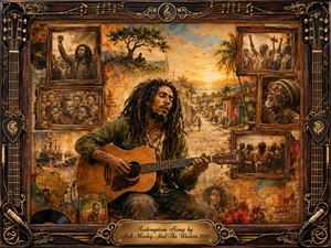 Kung Fu Hand Painting - Bob Marley sits at the heart of a nostalgic reggae collage, strumming an acoustic guitar against a glowing Caribbean sunset and lively village street. Warm amber, rust, green, and sepia tones create a reflective, hopeful mood. Vintage portraits, records, musical details, rosewood framing, and ornate gold inlays enrich the textured painterly composition.