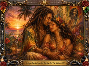 Kung Fu Hand Painting - A tender couple embraces in a lush tropical garden beside a glowing ocean sunset, surrounded by palms, flowers, lanterns, and reggae-inspired mural imagery. Warm gold, amber, red, and green tones create a peaceful romantic mood. Rich painterly textures blend oil, acrylic, and watercolor effects within an ornate musical frame of roses, strings, records, and gold filigree.