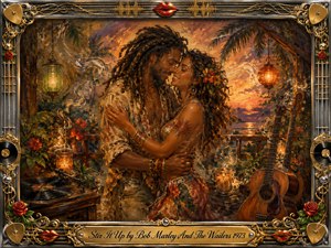 Kung Fu Hand Painting - A romantic couple embraces on a lush tropical veranda at sunset, surrounded by glowing lanterns, flowers, drifting smoke, a turntable, and acoustic guitars. Warm amber, coral, green, and violet tones create a tender reggae atmosphere. Rich impressionistic brushwork blends oil, acrylic, and watercolor textures within an ornate musical frame.