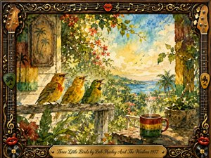 Kung Fu Hand Painting - Three small golden-green birds perch on a rustic balcony overlooking a lush tropical coastline beneath a glowing blue-and-gold sky. Warm watercolor textures create a peaceful, hopeful mood, enriched by flowering foliage, palm trees, and a steaming striped mug. An ornate dark-wood musical frame surrounds the scene with gold inlay and a centered engraved title plate.