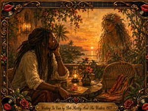 Kung Fu Hand Painting - A wistful man with long dreadlocks sits at a rustic table overlooking a glowing tropical sunset, while an ethereal woman appears among flowering vines beside an empty chair. Warm gold, amber, red, and green tones blend through textured oil, acrylic, and watercolor effects, framed by ornate musical filigree, roses, records, and bright red lips.