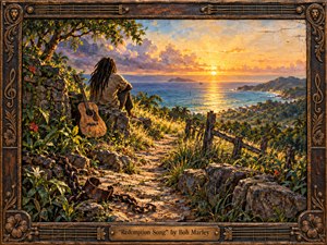 A contemplative dreadlocked figure sits beside a weathered guitar on a rocky tropical hillside, gazing toward a radiant sunrise over a sweeping coastline. Warm gold, amber, blue, and green tones bathe the scene in hopeful light, while broken chains, lush foliage, rustic fencing, and an ornate carved musical frame deepen the soulful, handcrafted atmosphere.
