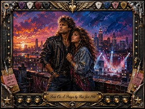 Kung Fu Hand Painting - A determined young couple stands closely together on a city rooftop at sunset, surrounded by glowing skyscrapers and distant concert lights. Fiery orange, magenta, violet, and deep blue tones create a hopeful, romantic mood. Expressive acrylic textures, dramatic lighting, and an ornate chrome-and-gold rock-themed frame complete the nostalgic 1980s atmosphere.