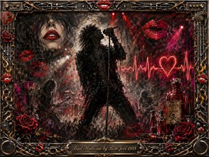 Kung Fu Hand Painting - A dramatic charcoal-inspired rock scene centers on a silhouetted singer gripping a microphone amid smoky stage lights, guitars, roses, crimson lips, and glowing medicine bottles. Deep blacks, scarlet reds, magenta highlights, and metallic gold create a seductive, dangerous mood, framed by ornate chains, strings, speakers, flames, and rock memorabilia.
