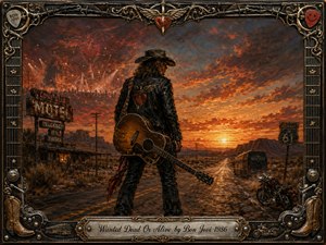 A lone cowboy-rocker stands on a desert highway at fiery sunset, acoustic guitar slung behind him as distant mountains, motel signs, a tour bus, and motorcycle frame the road. Warm oranges, reds, browns, and steel blues create a rugged, nostalgic mood, rendered in richly textured oil-paint style with an ornate rock-and-western border.