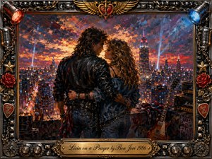 Kung Fu Hand Painting - A passionate couple embraces on a rooftop above a glowing city skyline beneath a fiery sunset, capturing resilience, romance, and rock-and-roll defiance. Rich oil-painted textures blend deep blues, warm oranges, and metallic highlights. An ornate chrome-and-gold frame features microphones, chains, roses, spotlights, guitar hardware, and a centered engraved title plate.