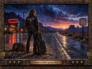 Kung Fu Hand Painting - A lone leather-clad musician stands beside a battered guitar case on a rain-slick desert highway, facing a fiery dawn beneath turbulent blue-purple clouds. Neon motel lights glow behind him, reflecting across wet pavement. Rich painterly textures, rugged Western scenery, dramatic perspective, and a weathered guitar-inspired frame create a cinematic mood of solitude, endurance, and restless freedom.