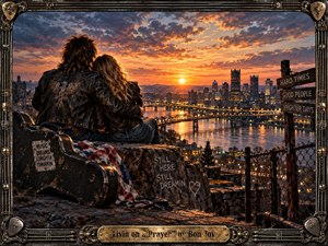Kung Fu Hand Painting - A young couple in worn leather jackets embraces above a glowing riverside city at sunset, surrounded by rugged industrial details and a battered guitar case. Warm orange light contrasts with deep blue clouds, creating a hopeful, resilient mood. The richly textured, cinematic painting is enclosed by an ornate guitar-inspired metal frame.