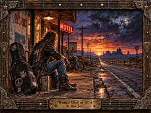 A lone, road-worn musician sits beside a battered guitar case outside a weathered desert motel, gazing down an empty highway toward a fiery sunset. Warm amber neon contrasts with deep blues and purples, while wet pavement reflects the sky. Textured oil-like brushwork, rugged metal framing, and distant mesas create a restless, cinematic mood.