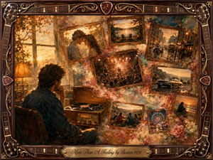 Kung Fu Hand Painting - A reflective figure sits beside a vintage record player, surrounded by rosewood-framed memories of romance, concerts, sunsets, road trips, and friendship. Warm amber light, muted blues, soft roses, and layered painterly textures create a nostalgic dreamscape. Guitar fretboards, gold inlay, and a brass title plate complete the ornate musical frame.