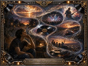 Kung Fu Hand Painting - A contemplative young man sits beside a glowing stereo as sweeping, feathered memory scenes curve upward in an S-shaped flow of concerts, sunsets, roads, friends, guitars, and vinyl records. Warm amber, gold, deep blue, and charcoal tones create nostalgic drama, framed by ornate chrome, gold filigree, musical hardware, and luminous accents.