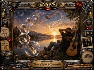 Kung Fu Hand Painting - A relaxed long-haired figure reclines beside a glowing mountain lake at sunset, accompanied by an acoustic guitar beneath a sweeping S-curve of feather-filled bubbles. Warm gold, amber, charcoal, and chrome tones create a peaceful dreamlike mood, framed by richly detailed rock memorabilia, instruments, metallic ornamentation, and a polished engraved title plate.