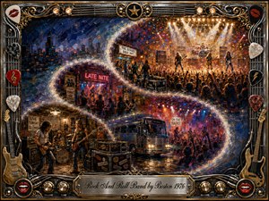 Kung Fu Hand Painting - A richly textured rock-and-roll timeline sweeps in a glowing S-curve from a cramped rehearsal room through smoky clubs and life on the road to a triumphant arena concert. Deep blues, fiery reds, golds, and chrome highlights blaze under dramatic stage lighting, framed by ornate guitars, picks, cables, knobs, and engraved metalwork.