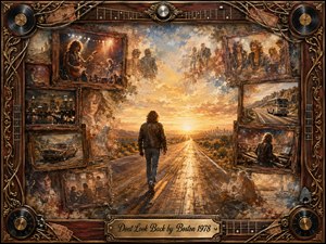 Kung Fu Hand Painting - A lone figure walks toward a glowing horizon along an open road, surrounded by fading framed memories of concerts, friends, travel, and city nights. Warm gold, sepia, dusty blue, and amber tones create a reflective, hopeful mood, while painterly textures and ornate musical details evoke nostalgic 1970s rock imagery.