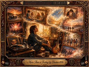 Kung Fu Hand Painting - A reflective young man sits among cherished memories, surrounded by framed scenes of friendship, romance, concerts, sunsets, and youthful adventures. Warm amber and golden light washes across a nostalgic rosewood collage, blending oil, acrylic, and watercolor textures. A turntable, guitar, records, ornate musical trim, and engraved title plate deepen the wistful rock-era atmosphere.