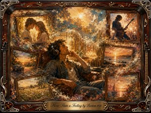 Kung Fu Hand Painting - A reflective man wearing headphones sits amid glowing fragments of cherished memories, surrounded by romantic portraits, sunsets, open roads, ocean scenes, and a guitarist in concert. Warm gold, amber, rose, and muted blue tones blend through painterly oil, acrylic, and watercolor textures, framed by ornate rosewood, chrome, and musical details.