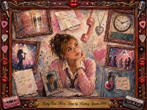 Kung Fu Hand Painting - A dreamy late-1990s memory collage centers on a wistful young woman surrounded by school hallways, handwritten notes, a pink telephone, clocks, dancing silhouettes, and framed keepsakes. Soft pinks, blues, creams, and warm gold light create nostalgic tenderness. Painterly oil, acrylic, and watercolor textures blend with an ornate rosewood musical frame.