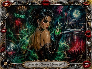 Kung Fu Hand Painting - A glamorous femme fatale holds a glowing green poison vial amid swirling emerald fumes, neon nightlife, a moonlit city, private jet, disco ball, and crimson crowd lights. Rich acrylic textures, deep blacks, teal, red, chrome, and gold create seductive danger, framed by ornate musical motifs, glossy lips, records, cables, and filigree.