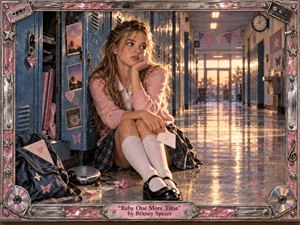 Kung Fu Hand Painting - A wistful young woman sits beside blue school lockers in a polished hallway glowing with warm sunset light. Pink knitwear, plaid fabric, handwritten notes, headphones, and a backpack evoke late-1990s pop nostalgia. The reflective floor, soft shadows, metallic cassette-and-CD frame, and pensive pose create a tender mood of longing and youthful uncertainty.