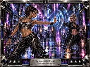 Two glamorous dancers face off across a futuristic nightclub, their outstretched hands divided by rippling blue energy. Neon pink, violet, and electric blue lights reflect across glossy floors and metallic surfaces. Dramatic crowds, mirrored architecture, speaker-lined walls, and a disco ball create a tense, kinetic atmosphere in richly detailed digital painting.