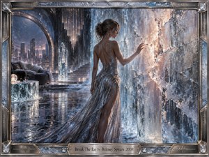 A woman in a shimmering silver gown stands inside a luxurious frozen interior, reaching toward a fractured wall of ice glowing with warm light. Cool blues, steel grays, and crystal reflections dominate the scene, while a distant city skyline adds depth. The cinematic digital style feels glamorous, tense, and transformative.