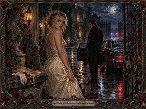 A glamorous woman in a shimmering ivory gown stands at a rain-soaked mansion gate, glancing back toward a shadowy man beside a black car. Moonlight, lantern glow, red roses, wet stone, and distant police lights create romantic danger. Ornate wrought iron framing and painterly realism heighten the tense, cinematic mood.