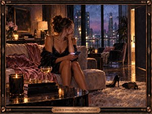 A glamorous woman sits alone on a plush sofa in a candlelit high-rise apartment, phone in hand, gazing toward the glowing city beyond rain-streaked windows. Warm amber light contrasts with cool blue night tones, creating intimate tension. Rich painterly textures, reflective surfaces, scattered heels, velvet furnishings, and a dark metallic frame heighten the sensual, expectant mood.