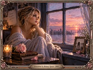 A wistful blonde woman sits beside a rain-speckled window at sunset, wrapped in soft knit fabric and surrounded by roses, candles, books, and faded photographs. Warm amber light meets lavender-pink skies, creating a tender, reflective mood. Ornate metallic floral framing and delicate musical details complete the romantic, cinematic composition.