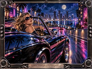 A glamorous woman drives a glossy black convertible along a neon-lit coastal boulevard beneath a full moon. Palm trees, skyscrapers, and shimmering water frame the energetic night scene, while pink, blue, and violet reflections streak across wet pavement and chrome. The richly detailed digital painting feels playful, stylish, fast-moving, and cinematic.