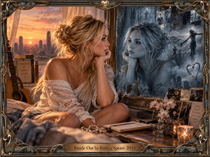 A blonde woman sits pensively beside a weathered mirror, her warm sunset-lit figure contrasted with a cool blue reflection filled with fragmented memories. The intimate room glows with candles, flowers, journals, and musical details. An ornate bronze-and-turquoise frame reinforces the reflective, bittersweet mood with cinematic digital realism.