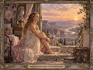 A contemplative young woman sits at the threshold of an elegant bedroom overlooking a vast sunlit valley, symbolizing transition and self-discovery. Warm peach, gold, cream, and rose tones glow beneath a dramatic sunset. Romantic realism, intricate fabrics, weathered luggage, flowers, photographs, and an ornate metallic frame enrich the reflective, hopeful atmosphere.