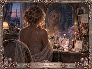 A woman sits before an ornate vanity at blue hour, gazing into her reflection with quiet longing. Warm lamplight contrasts with cool Parisian dusk, while perfume bottles, pearls, fading roses, scattered petals, and curling pink fragrance mist enrich the scene. The richly detailed romantic realism is enclosed by an elaborate jeweled frame.