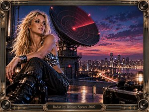 A glamorous blonde woman sits on a rain-slick rooftop beside a glowing radar dish overlooking a luminous city at twilight. Deep blues, purples, crimson highlights, and warm streetlights create a sleek, nocturnal mood. Metallic textures, industrial equipment, headphones, and an ornate speaker-lined frame give the cinematic digital artwork a polished, futuristic edge.