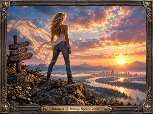 A confident blonde woman stands on a rugged mountain overlook, facing a radiant sunrise above a winding river and distant city. Wind lifts her white fabric dramatically, creating a triumphant, liberated mood. Warm gold, peach, and blue light fills the cinematic scene, framed by ornate metallic musical details and engraved title plate.