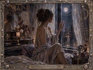 A solitary woman sits beside a moonlit window overlooking a glowing city, surrounded by roses, records, mirrors, and soft fabrics. Silver-blue night tones mingle with warm amber lights, creating an intimate, reflective mood. Ornate metallic framing, delicate celestial details, and richly textured surfaces give the scene a dreamlike, handcrafted romanticism.
