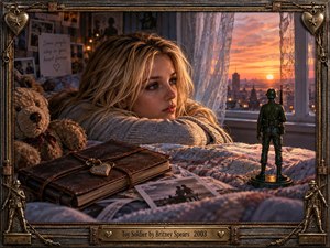 A wistful blonde woman rests beside a toy soldier in a softly lit bedroom overlooking a glowing sunset city. Warm amber, rose, and bronze tones create a nostalgic mood, enhanced by lace curtains, photographs, a teddy bear, and a worn journal. The richly detailed, cinematic realism is enclosed by an ornate military-inspired frame.